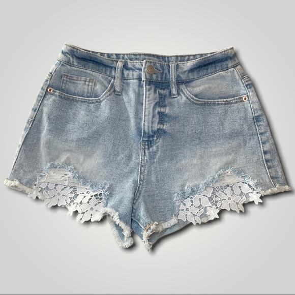 WILD FABLE COTTEGECORE LACE TRIM DENIM JEAN SHORTS JORTS LIGHT BLUE - 4 - Picture 1 of 5